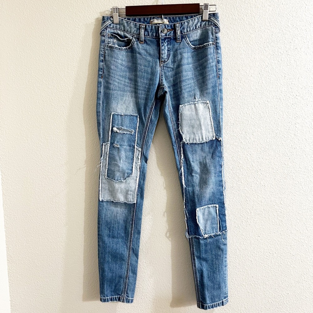 Free People Patchwork Distressed Skinny Jeans Blue Size 26 Womens Low Rise Boho
